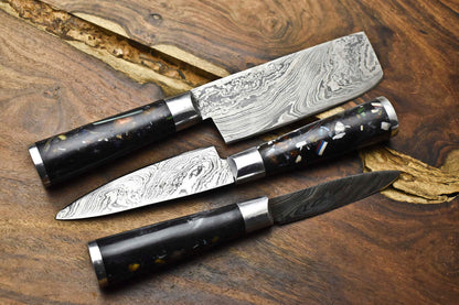 Lot of 3 Handmade Damascus Steel Blade Chef Knife Set – 100% Handmade
