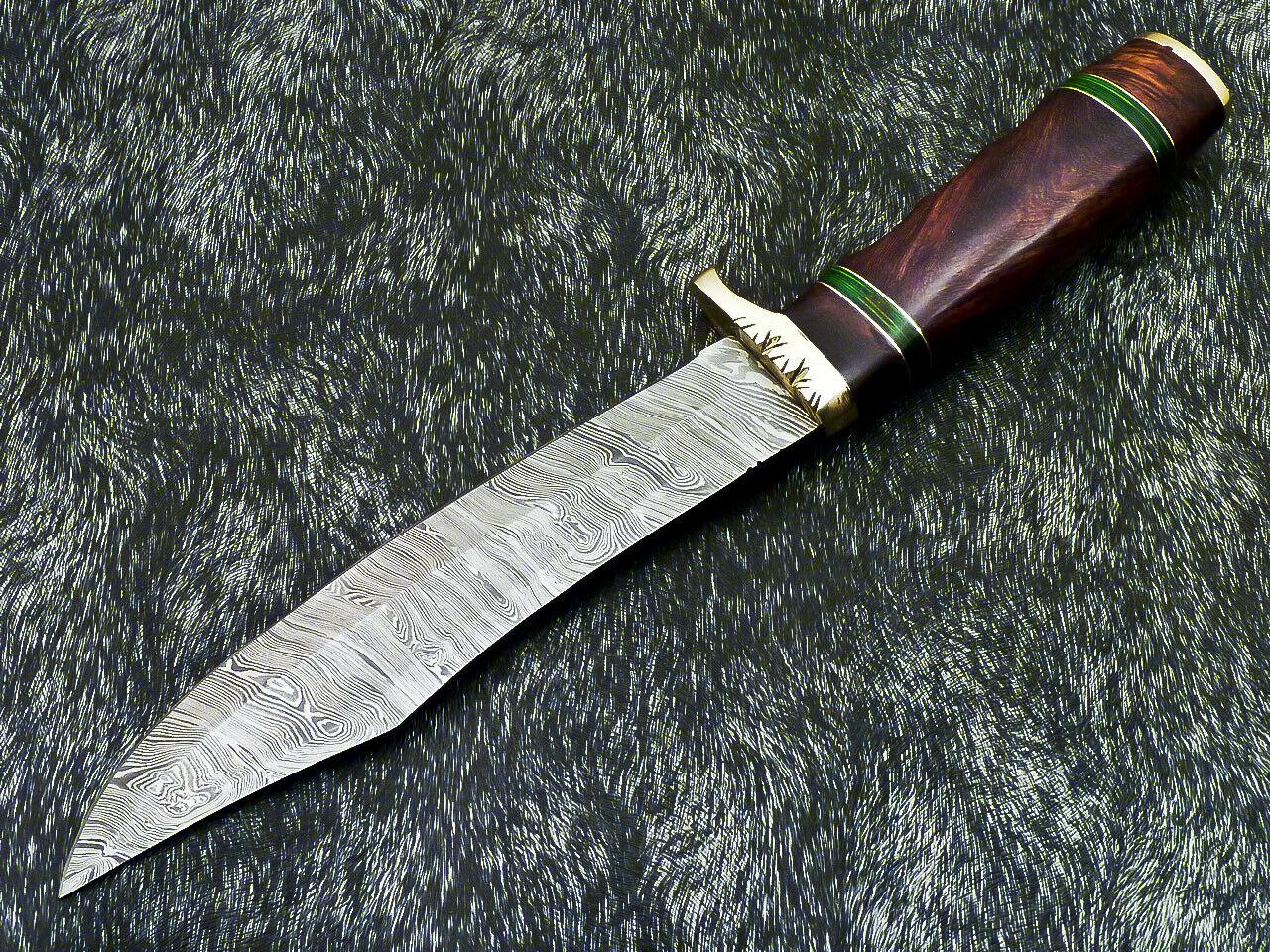 Authentic 13" Handmade Damascus Bowie Hunting Knife with Hardwood Handle with Leather Sheath