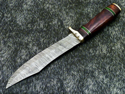 Authentic 13" Handmade Damascus Bowie Hunting Knife with Hardwood Handle with Leather Sheath