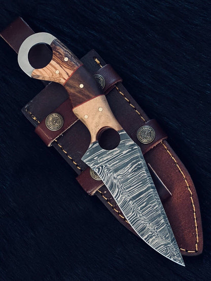 8.5" Twist Damascus Steel Bowie Hunting Knife – Camel Bone & Wood Handle