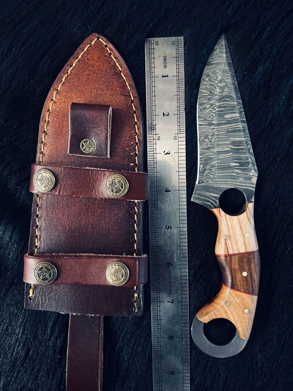 8.5" Twist Damascus Steel Bowie Hunting Knife – Camel Bone & Wood Handle