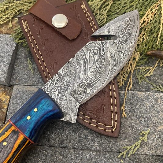 HAND FORGED Damascus Steel Skinner Gut Hook Hunting Knife with Sheath