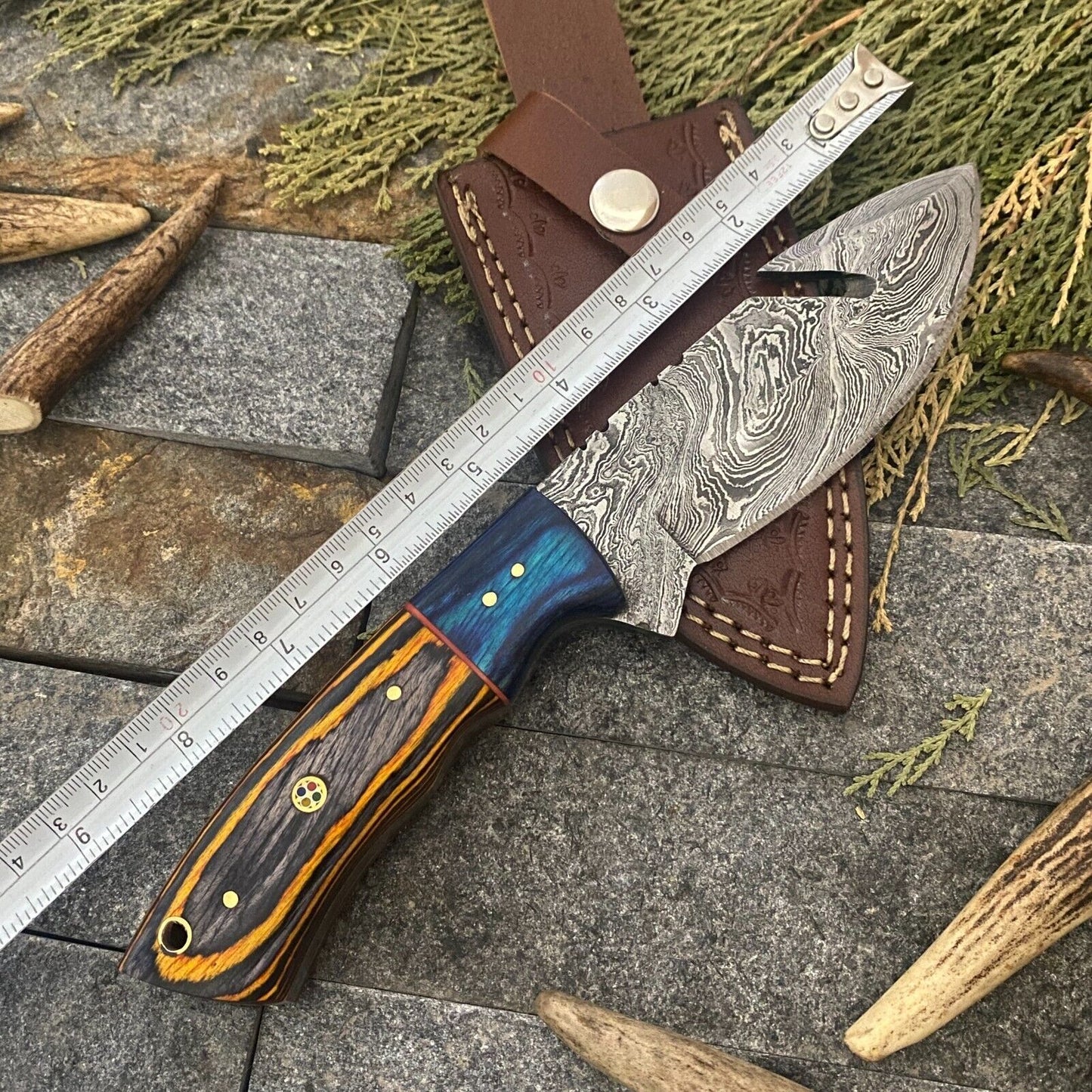 HAND FORGED Damascus Steel Skinner Gut Hook Hunting Knife with Sheath
