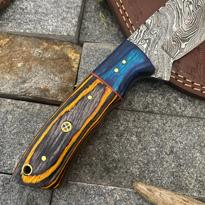 HAND FORGED Damascus Steel Skinner Gut Hook Hunting Knife with Sheath