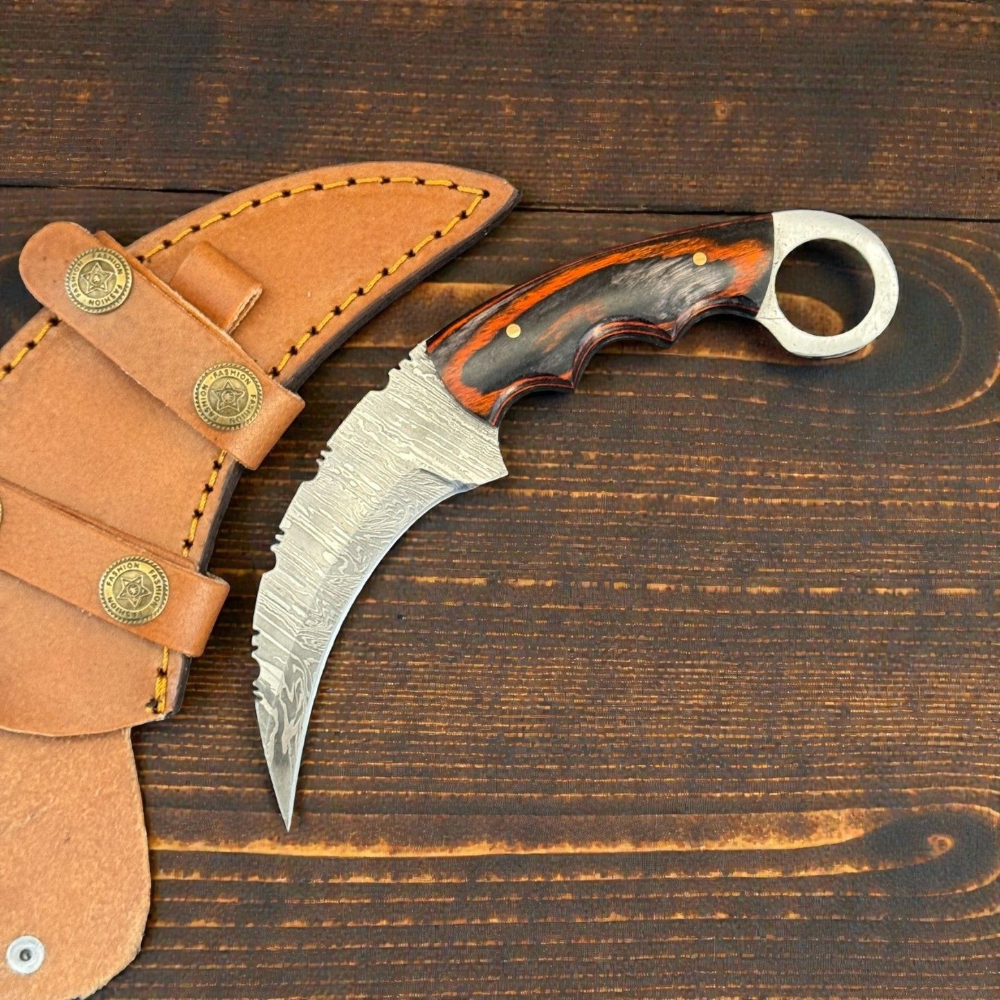 7" Damascus Karambit Damascus Steel Karambit Drop Point Hunting Knife With Pakkawood Handle