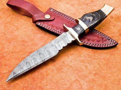 12" Custom Damascus Bowie Knife | Hardwood Handle & Brass Bolster