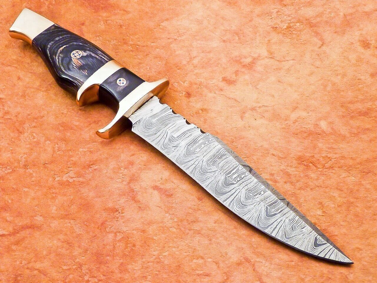 12" Custom Damascus Bowie Knife | Hardwood Handle & Brass Bolster