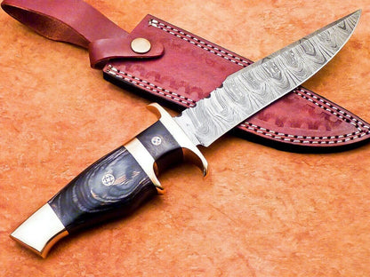 12" Custom Damascus Bowie Knife | Hardwood Handle & Brass Bolster