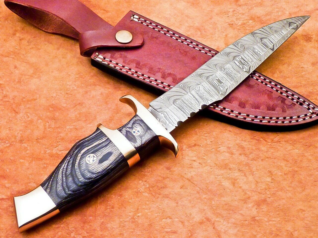 12" Custom Damascus Bowie Knife | Hardwood Handle & Brass Bolster