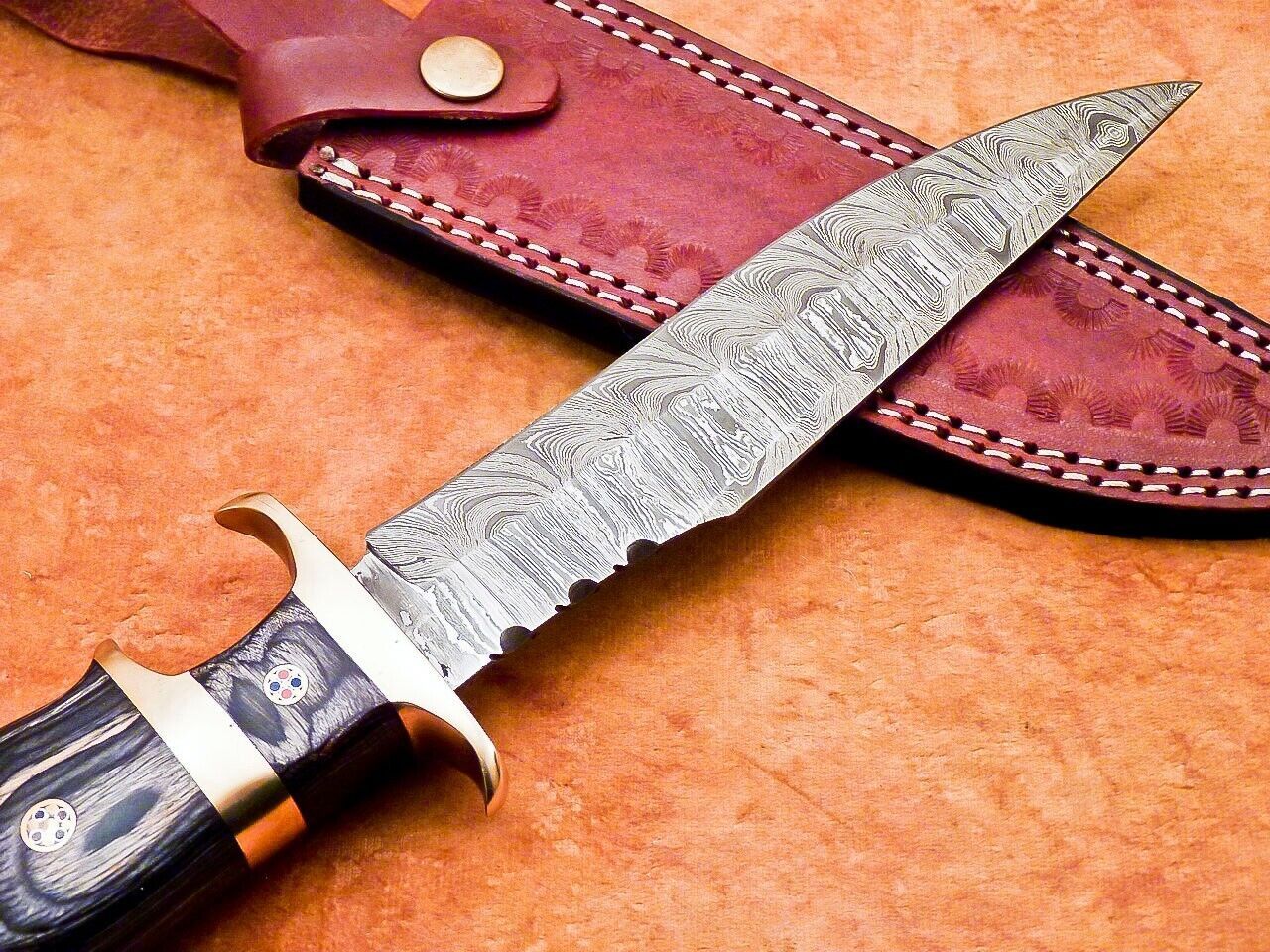 12" Custom Damascus Bowie Knife | Hardwood Handle & Brass Bolster