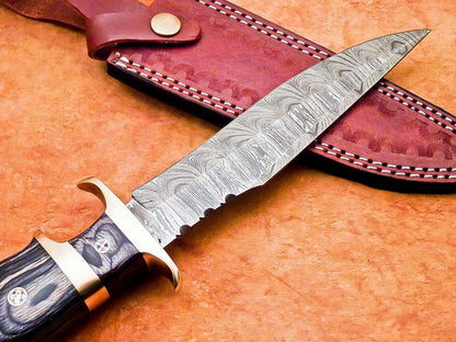 12" Custom Damascus Bowie Knife | Hardwood Handle & Brass Bolster