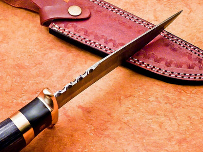 12" Custom Damascus Bowie Knife | Hardwood Handle & Brass Bolster