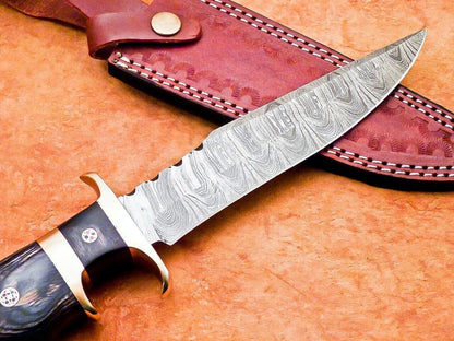 12" Custom Damascus Bowie Knife | Hardwood Handle & Brass Bolster