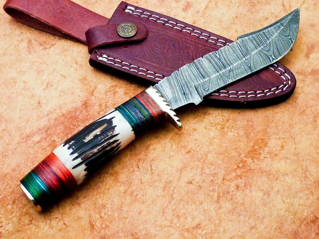Heritage Forge 10 Inch Damascus Steel Camping Knife with Stag and Wood Handle