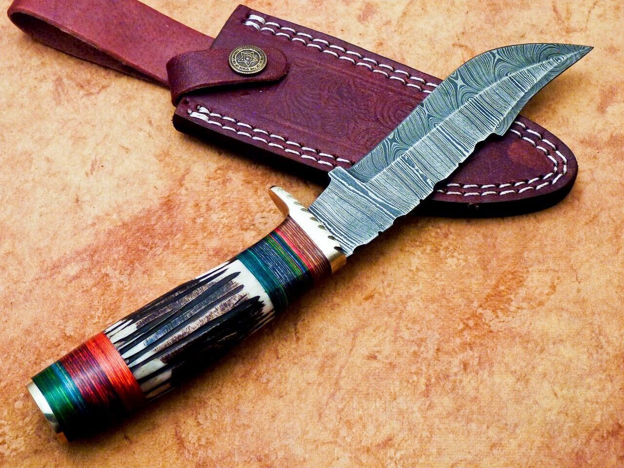 Heritage Forge 10 Inch Damascus Steel Camping Knife with Stag and Wood Handle