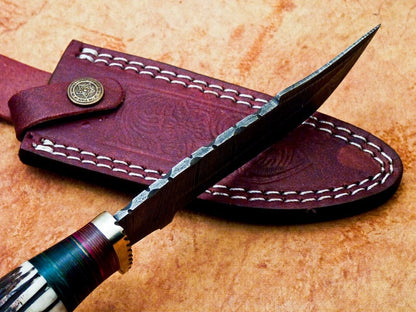 Heritage Forge 10 Inch Damascus Steel Camping Knife with Stag and Wood Handle