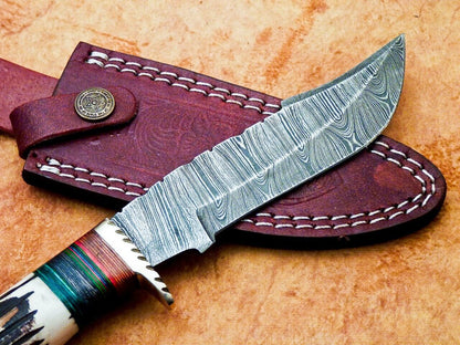 Heritage Forge 10 Inch Damascus Steel Camping Knife with Stag and Wood Handle