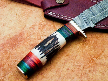 Heritage Forge 10 Inch Damascus Steel Camping Knife with Stag and Wood Handle