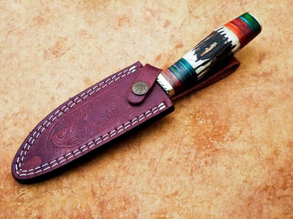 Heritage Forge 10 Inch Damascus Steel Camping Knife with Stag and Wood Handle