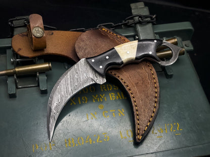 8"damascus karambit Knife Tactical karambit damascus steel with Sheath and Bone Handle