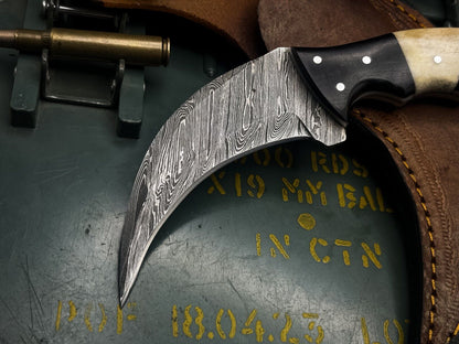 8"damascus karambit Knife Tactical karambit damascus steel with Sheath and Bone Handle