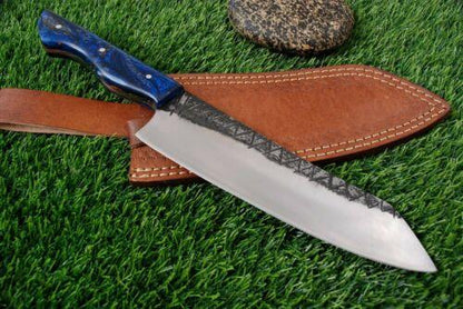 Custom Handmade Damascus Steel Hunting Dagger Knife with Leather Sheath | 12" Fixed Blade Kukri