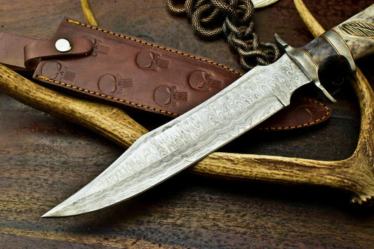 15" Damascus Bowie Knife – Stained Camel Bone Handle & Leather Sheath