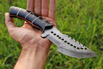Custom Handmade Forged Damascus Steel Hunting Tracker Fixed Blade Knife Full Tang with Leather Sheath