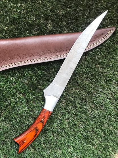 12.5" Twist Damascus Fillet Knife Damascus Steel Knife & Fillet Knife with Leather Sheath