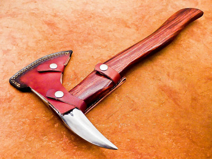 Hand Forged Carbon Steel Viking Bearded Camping Hatchet Tomahawk Axe with Natural Wood Handle and Leather Sheath