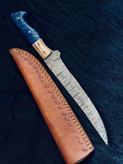 13" Custom Handmade Damascus Fillet Knife Custom Fillet Knife With Leather Sheath