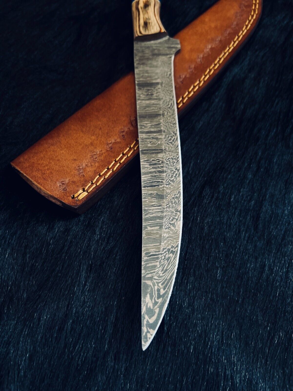 13" Custom Handmade Damascus Fillet Knife Custom Fillet Knife With Leather Sheath