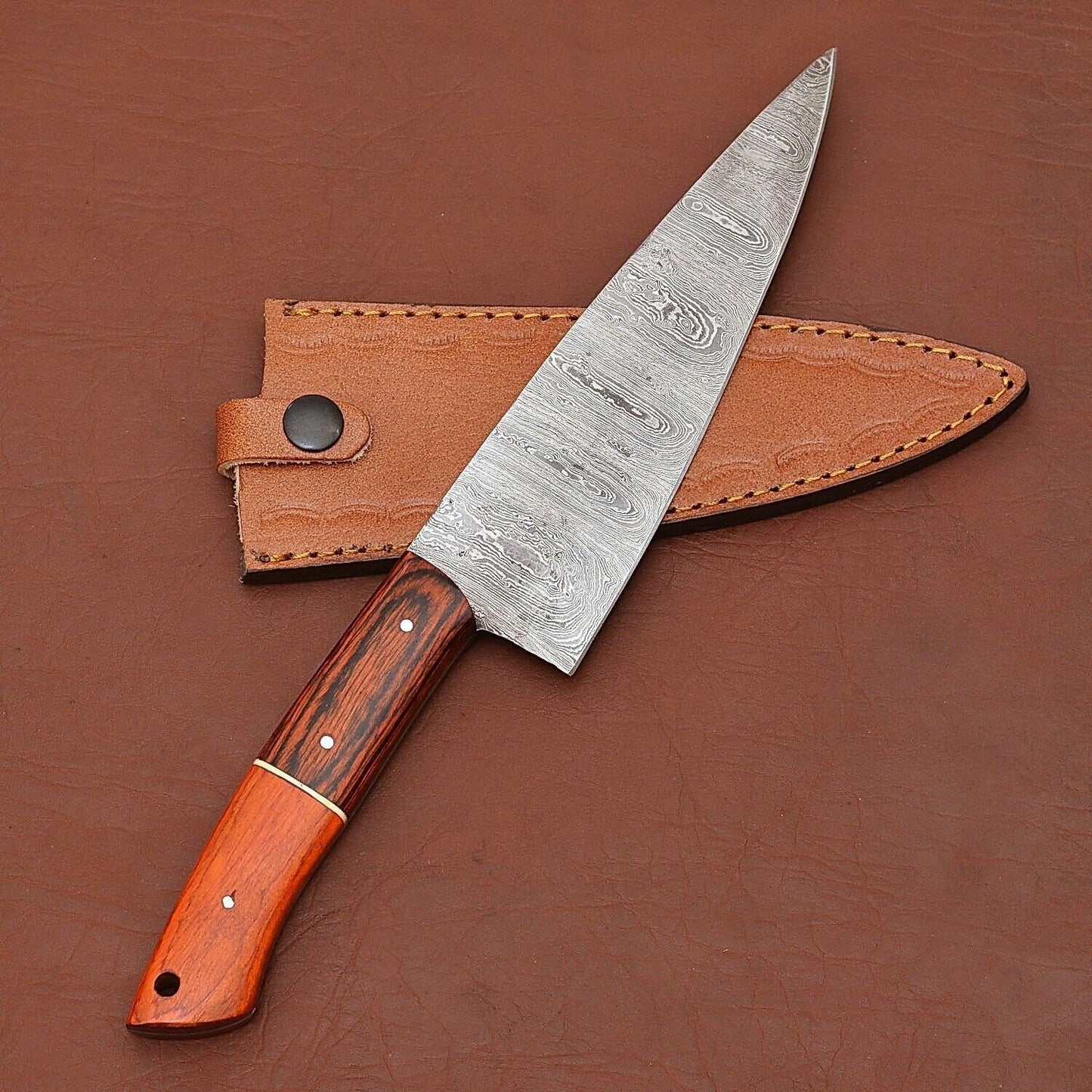 Custom Handmade Damascus Steel Kitchen Knife | 7" Chef Knife with Wood Handle & Sheath