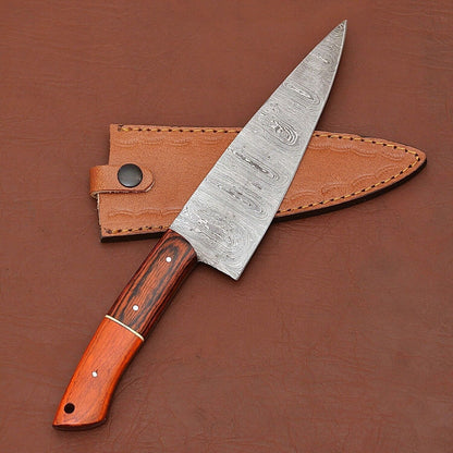 Custom Handmade Damascus Steel Kitchen Knife | 7" Chef Knife with Wood Handle & Sheath