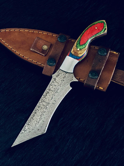10.5" Rain Drop Damascus Tanto Knife – Camel Bone & Wood Handle