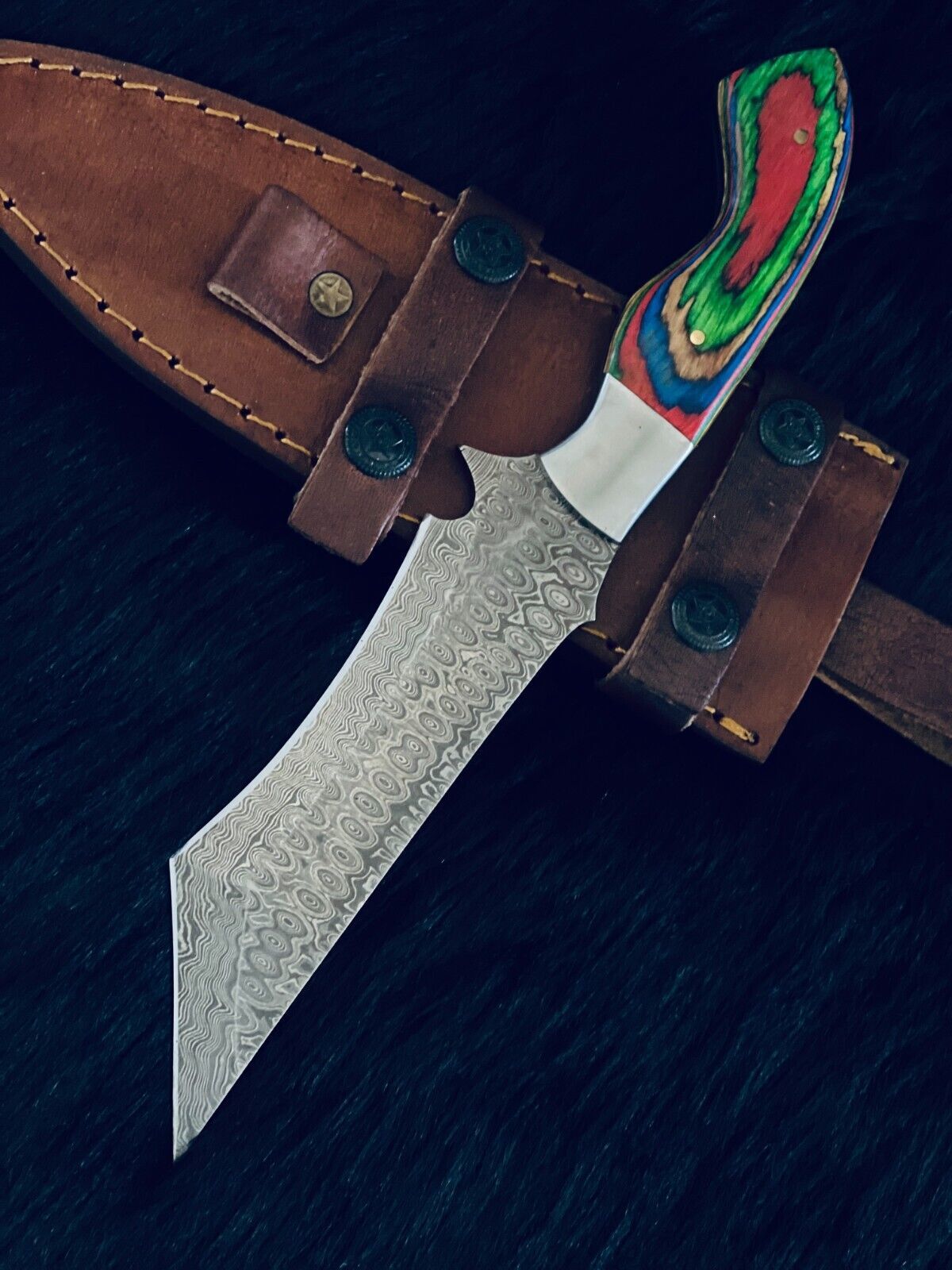 10.5" Custom Handmade Rain Drop Damascus Tanto Bowie Hunting Knife – Camel Bone & Wood Handle