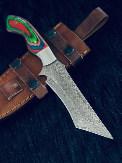 10.5" Custom Handmade Rain Drop Damascus Tanto Bowie Hunting Knife – Camel Bone & Wood Handle
