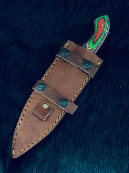 10.5" Rain Drop Damascus Tanto Knife – Camel Bone & Wood Handle