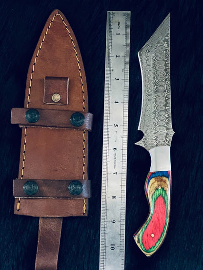 10.5" Rain Drop Damascus Tanto Knife – Camel Bone & Wood Handle