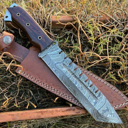 Heritage Forge 13 Inch Damascus Steel Bowie Knife with Rosewood Handle and Leather Sheath