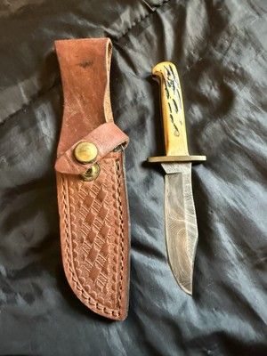 Heritage Forge Mini Damascus Hunting Knife with Fixed Blade and Leather Sheath