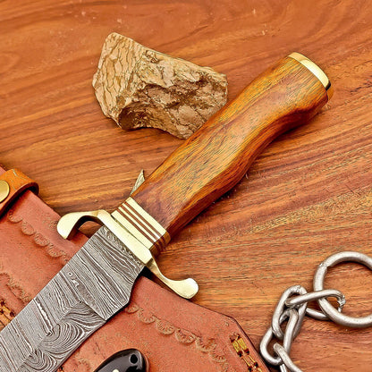 16.5 Inch Damascus Steel Bowie Knife with Wood Handle and Brass Bolster