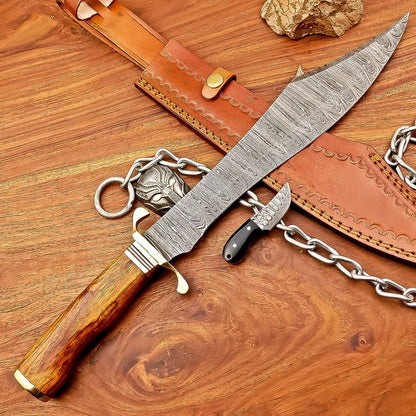 16.5 Inch Damascus Steel Bowie Knife with Wood Handle and Brass Bolster