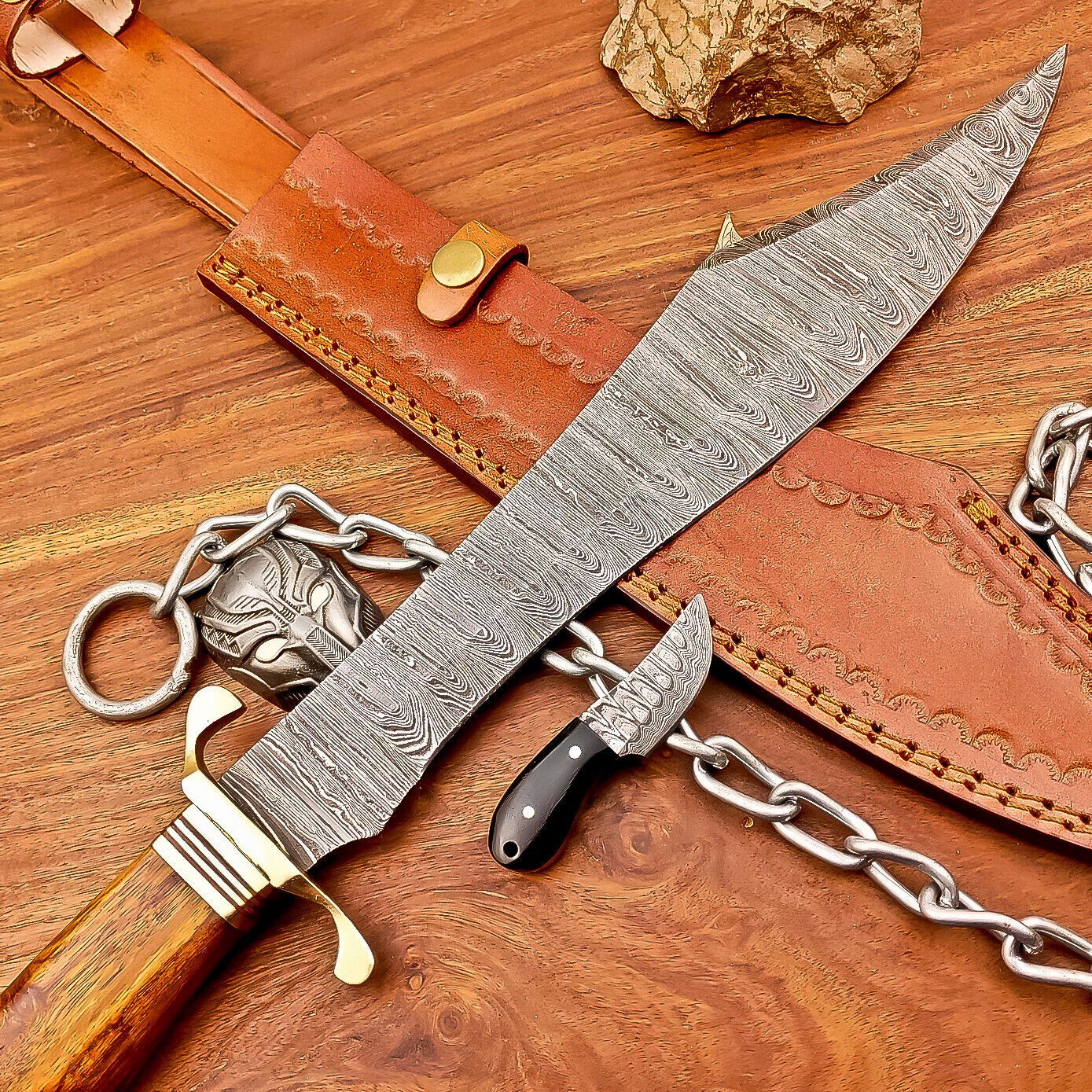 16.5 Inch Damascus Steel Bowie Knife with Wood Handle and Brass Bolster