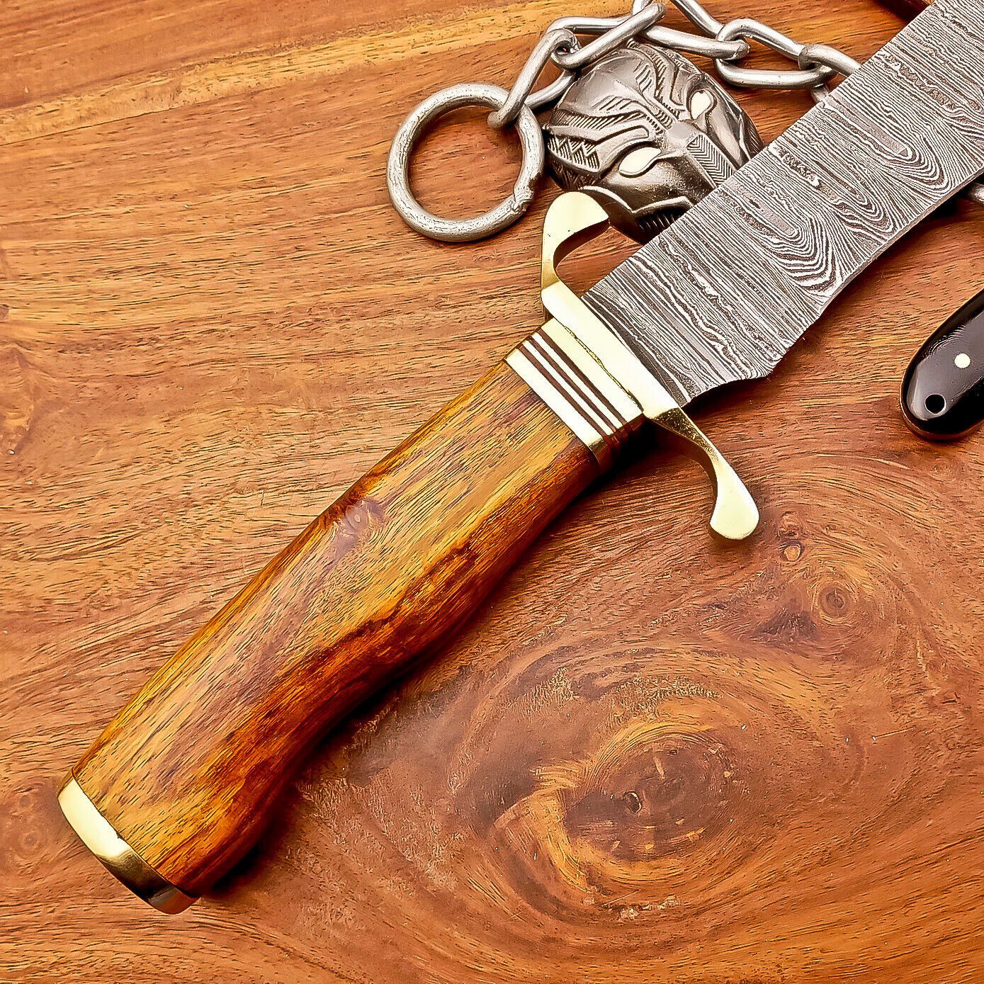16.5 Inch Damascus Steel Bowie Knife with Wood Handle and Brass Bolster