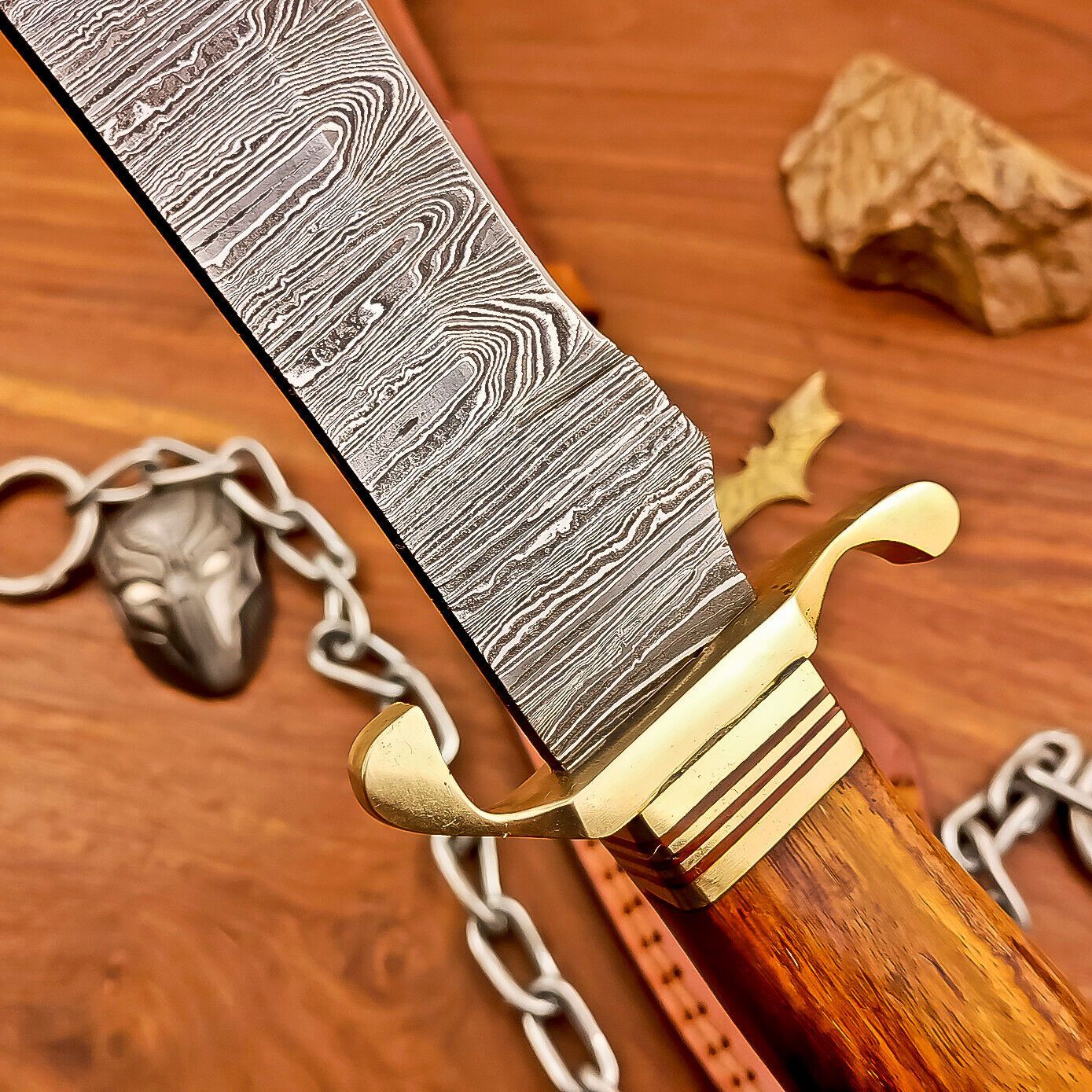 16.5 Inch Damascus Steel Bowie Knife with Wood Handle and Brass Bolster