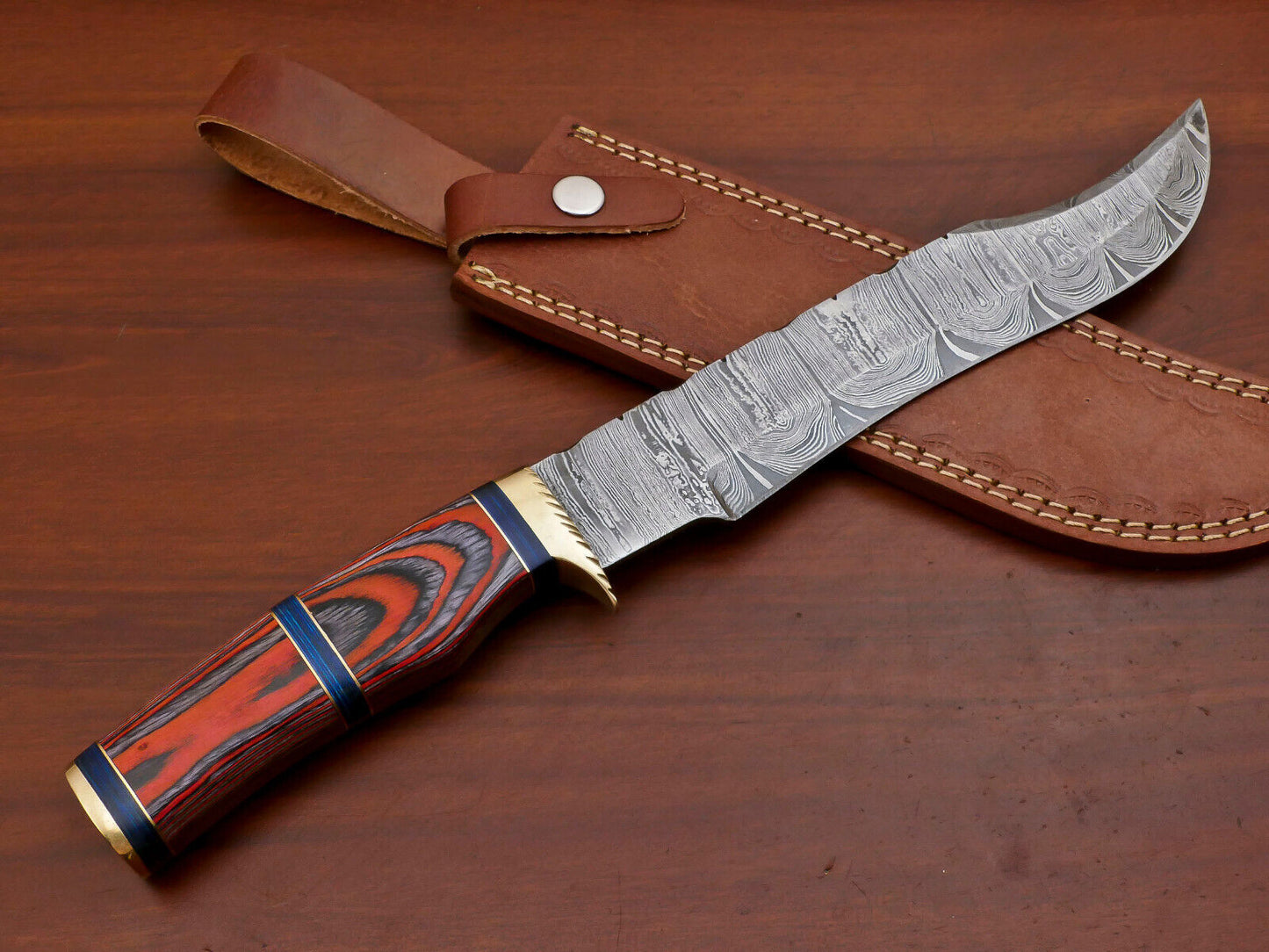 14" Handmade Damascus Bowie – Pakka Wood Handle & Brass Guard with Leather Sheath