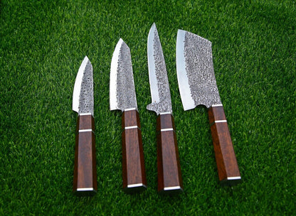 4-Piece Handmade D2 Steel Chef Knife Set – Custom Kitchen Knives with Wood Handles & Leather Roll Bag