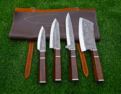 4-Piece Handmade D2 Steel Chef Knife Set – Custom Kitchen Knives with Wood Handles & Leather Roll Bag