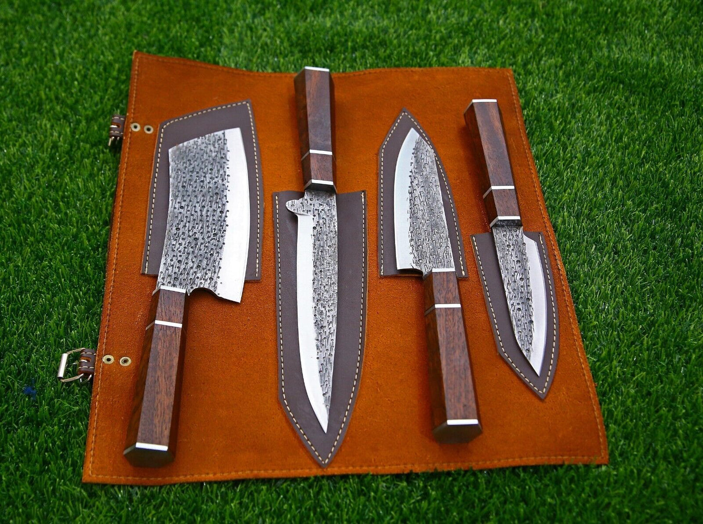 4-Piece Handmade D2 Steel Chef Knife Set – Custom Kitchen Knives with Wood Handles & Leather Roll Bag